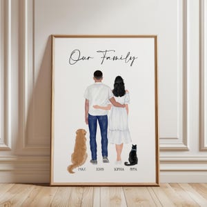 Personalisd Couple with Pets Print, PRINT AT HOME, Digital File, Personalised Family Portrait, Family Wall Art, Family Gift, Family Gift