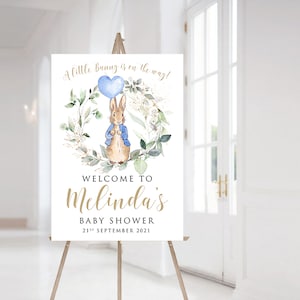 Peter Rabbit Baby Shower Welcome Sign, Editable File, Personalised Baby Shower Sign, Peter Rabbit Decorations, Greenery Baby Sign