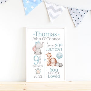 Personalisierte Geburtsanzeige, DIGITALE DATEI, Baby Geburtsanzeige, Schlafzimmer Dekor, Baby Tiere, Taufe, Baby Geschenk, Jungen Mädchen Wandkunst