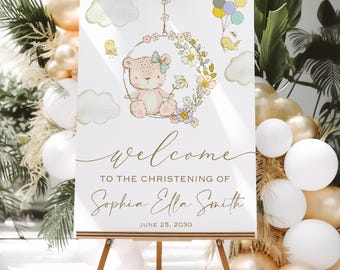 Editable Baptism Welcome Sign, Personalized Teddy Bear Sign, Christening Sign,  Christening Baby Boy or Girl Sign, Balloon Decor