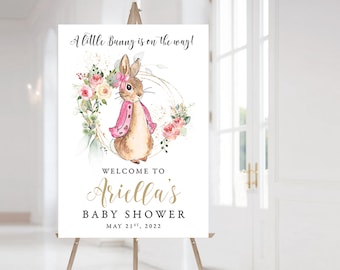 Flopsy Rabbit Baby Shower Welcome Sign, Editable Download, Personalised Baby Shower Sign, Peter Rabbit Decorations, Greenery Baby Sign