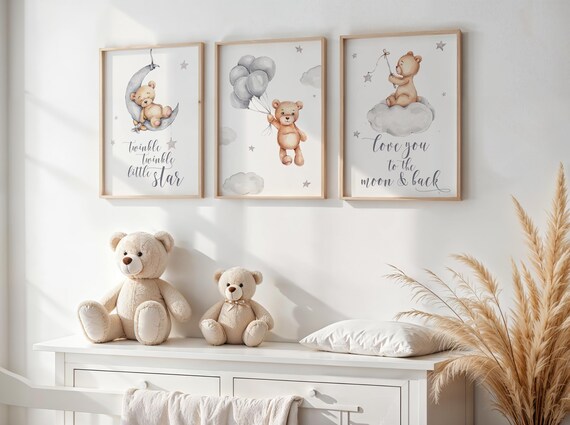 Teddy Bear Prints Set of 3, Bear Nursery Decor, Nursery Wall Decor, Baby Prints, New Baby Printable, Instant Download, Grey Nursery Art