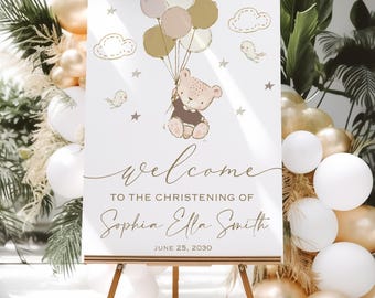 Editable Baptism Welcome Sign, Personalized Teddy Bear Sign, Christening Sign,  Christening Baby Boy or Girl Sign, Balloon Decor