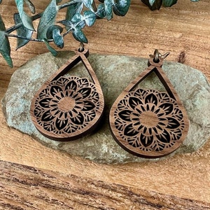 Wood Mandala Earrings | Wooden Teardrop Flower Earrings | Lasercut Wooden Jewelry | Boho Walnut Wood Dangle Earring
