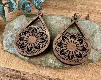 Wood Mandala Earrings | Wooden Teardrop Flower Earrings | Lasercut Wooden Jewelry | Boho Walnut Wood Dangle Earring