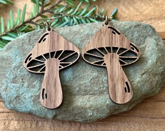 Wooden Mushroom Earrings | Fungi Walnut Wood Jewelry | Enchanted Forest Earrings | Cottagecore Goblincore Mushroom Gifts