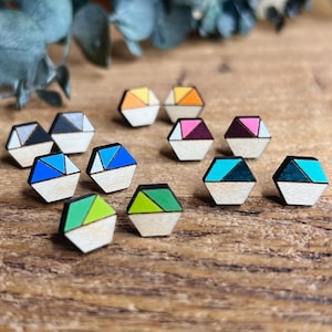 Painted Hexagon Stud Wooden Earrings |  Colorful Geometric Post Earrings