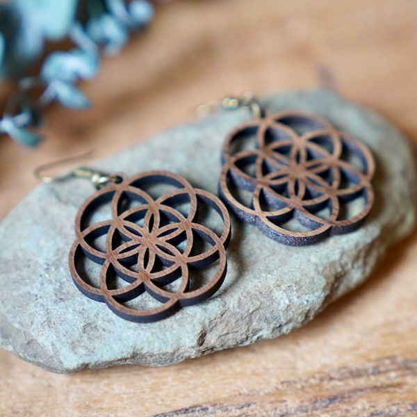 Seed of Life Wood Earrings | Wooden Flower Earrings | Sacred Geometry Jewelry | Boho Wood Dangle Earrings