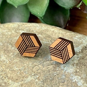 Wood Hexagon Stud Earrings for Men or Women | Braided Knot Stud Earrings | Unisex Minimalist Wood Earrings | Geometric Wooden Jewelry