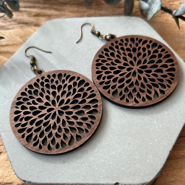 Dandelion Wooden Flower Earrings | Walnut Wood Earrings | Botanical Wooden Jewelry | Modern Floral Boho Earrings