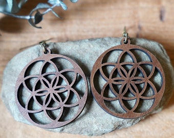 Wood Seed of Life in Circle Earrings | Wooden Sacred Geometry Jewelry | Boho Wood Dangle Earrings
