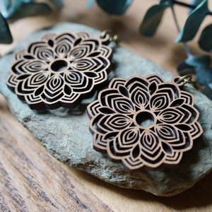 Dahlia | Wooden Flower Mandala Dangle Earrings | Boho Botanical Wooden Jewelry