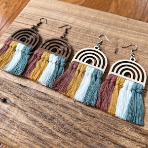 Desert Sunset Rainbow Macramé Wood Earrings | Boho Wooden Rainbow Earrings | PRIDE Earrings | Fringe Earrings