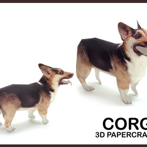 May include: A 3D papercraft model of a Corgi dog. The model is made of paper and is assembled to look like a real Corgi. The model is standing on a white background. The text "CORGI 3D PAPERCRAFT" is printed below the model.