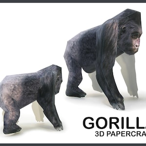 May include: A 3D papercraft model of a gorilla, with two different poses, one standing and one walking. The model is printed on white paper with black lines and gray shading.