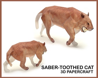 SÄBELZAHN KATZE 3D Papercraft / 3D Origami Papier Handwerk / Tiere Papercraft 3D / Katze Skulptur / Katzenpapier / Katzenliebhaber Geschenk / Katzenmotiv