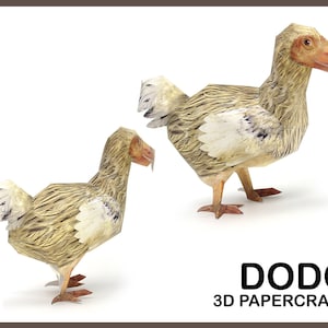 May include: A 3D papercraft model of a dodo bird, a flightless bird that went extinct in the 17th century. The model is made of brown and white paper and is posed in a standing position. The model is labeled "DODO 3D PAPERCRAFT".