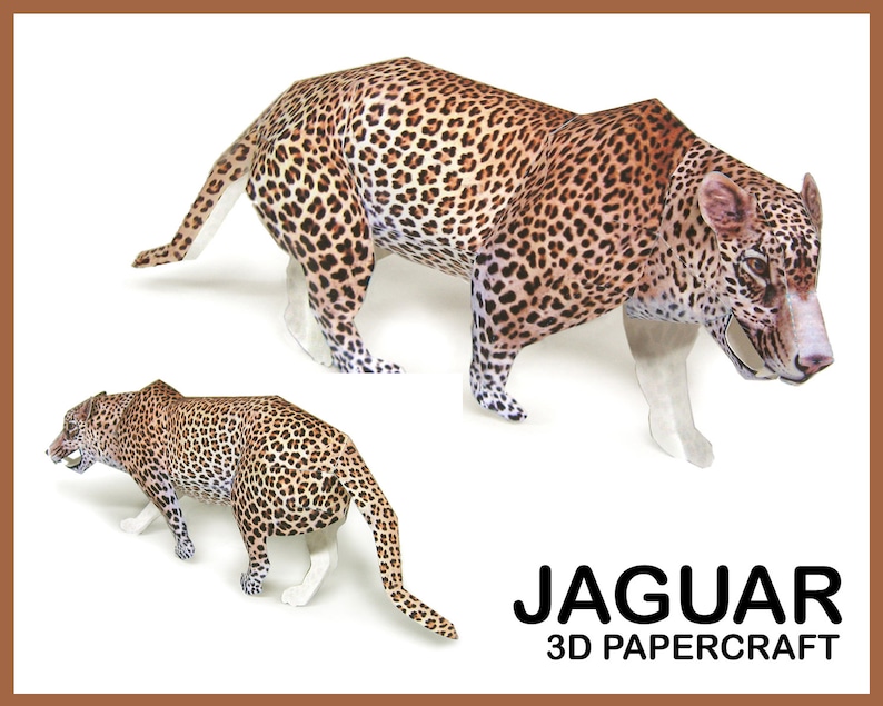 K&ouml;nnte beinhalten: Ein 3D-Papiermodell eines Jaguars, einer gro&szlig;en Wildkatze mit geflecktem Fell. Das Modell ist zusammengebaut und bereit zum Ausstellen. Das Bild enth&auml;lt den Text "JAGUAR 3D PAPERCRAFT".