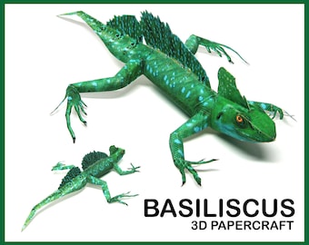 Puede incluir: Un modelo de papel de un lagarto basilisco verde y azul. El modelo está en posición de carrera con la cabeza girada hacia un lado. El lagarto tiene una gran cresta en la espalda y una cola larga. El modelo está etiquetado como "BASILISCUS 3D PAPERCRAFT".