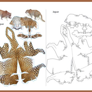 K&ouml;nnte beinhalten: Ein Papiermodell eines Jaguars, mit einer Schwarz-Wei&szlig;-Zeichnung des Modells auf der rechten Seite des Bildes. Der Jaguar besteht aus 12 Teilen, wobei jedes Teil nummeriert ist. Das Papiermodell ist eine detaillierte Darstellung eines Jaguars mit Flecken und Streifen.