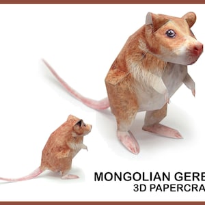 May include: A 3D papercraft model of a Mongolian gerbil, a small rodent with a long tail and brown fur. The model is standing on its hind legs, with its front paws raised. The model is made of paper and is printed with realistic details.