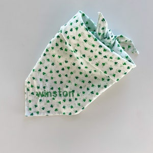 St. Patrick’s Day Embroidered Personalized Dog Bandana| Green Shamrocks | Tie on Pet Scarf | Bandana with Name | Handmade