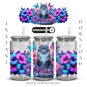 Download digital de sublimação de copo de 16 oz e design de envoltório UVDTF | Download digital instantâneo em PNG | Design floral de animal principal, guaxinim, gato e mamãe