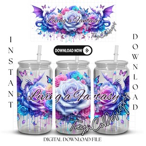 Digital download 16oz UVDTF Sublimation Wrap Design | Instant PNG Digital Download | Fantasy Rose and Dragons design | Living A Fantasy