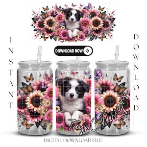 Digital download 16oz UVDTF Sublimation Wrap Design | Instant PNG Digital Download Floral Animal Border Collie Dog Design