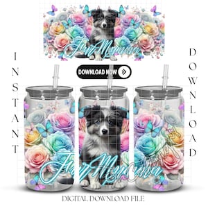 Digital download 16oz Tumbler Sublimation and UVDTF Wrap Design | PNG Digital Download | Fur Mumma Floral Border Collie Puppy Dog Design