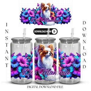 Digitale download 16oz bekersublimatie en UVDTF-wrapontwerp | Directe digitale png-download | Bloemen dier papillon hond Mamma Design