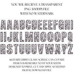 Calcomanías de descarga digital con collage de letras del alfabeto, diseño de envoltura UVDTF de 16 oz / Descarga digital PNG instantánea / Calcomanía de letras del alfabeto Leopardo de las Nieves