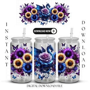 Digital download 16oz Tumbler Sublimation and UVDTF Wrap Design | Instant PNG Digital Download | Floral Dragon design design