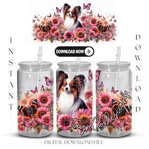 Digitale download 16oz bekersublimatie en UVDTF-wrapontwerp | Directe digitale png-download | Ontwerp met dierenprint Papillon-hond