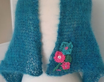 Mohair Sjaal Turkoois met applique bloemen