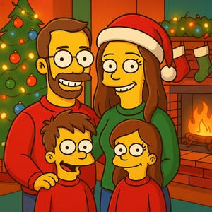 May include: A cartoon-style family portrait depicting a father, mother, and two children. The family is dressed in festive clothing, with a Christmas tree and fireplace visible. The mother is wearing a Santa hat, celebrating the holiday season.