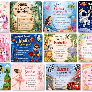May include: A collection of twelve square birthday invitation cards featuring various themes including unicorns, dinosaurs, mermaids, astronauts, princesses, superheroes, safari animals, fairies, video games, ballet, racing cars, and cupcakes with text.