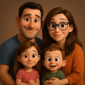May include: A digitally rendered portrait of a family of four. The father wears a blue shirt, the mother an orange sweater, and the children wear pink and green shirts. All have large eyes and are smiling.