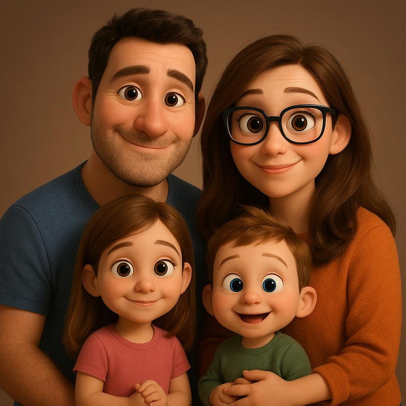 May include: A digitally rendered portrait of a family of four. The father wears a blue shirt, the mother an orange sweater, and the children wear pink and green shirts. All have large eyes and are smiling.