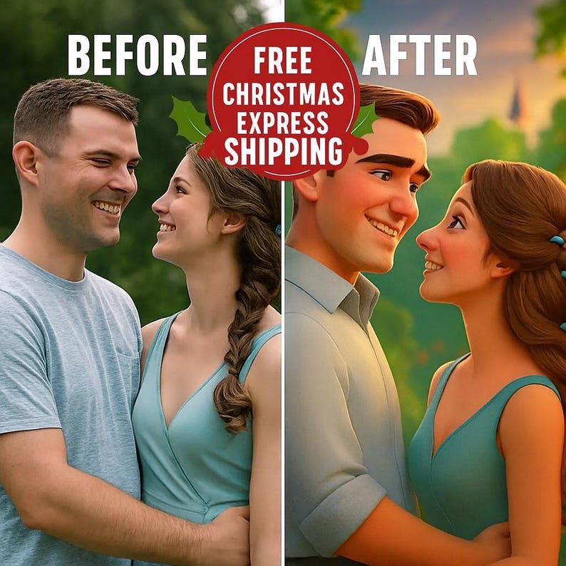 May include: A split image shows a couple before and after an artistic transformation. The left side depicts a real couple, while the right side presents them as animated characters. The image includes the text "BEFORE" and "AFTER".