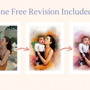 Puede incluir: La imagen muestra tres retratos de una madre y su hijo. El primero es una fotograf&iacute;a, los otros dos son pinturas a la acuarela. El texto "One Free Revision Included" es visible en la parte superior.