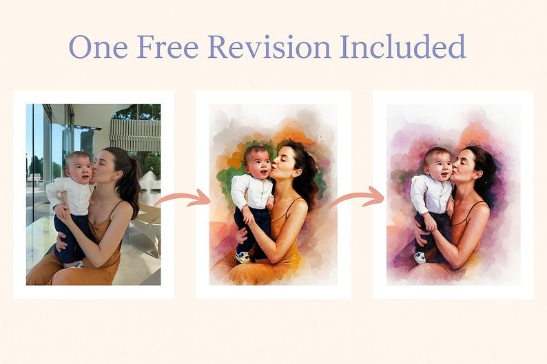 Puede incluir: La imagen muestra tres retratos de una madre y su hijo. El primero es una fotograf&iacute;a, los otros dos son pinturas a la acuarela. El texto "One Free Revision Included" es visible en la parte superior.
