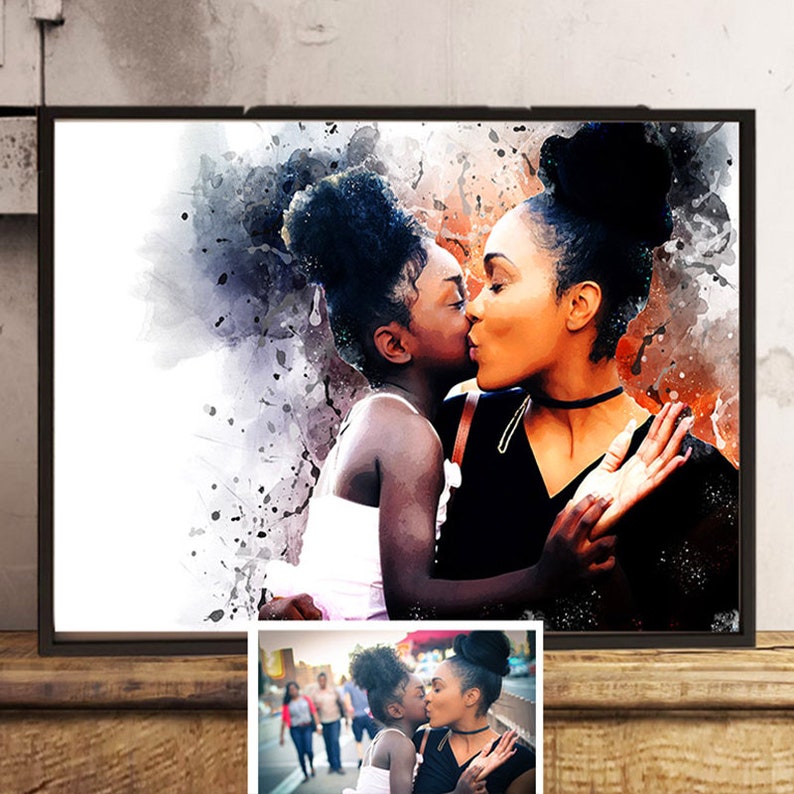 May include: A framed watercolor print of a mother and child kissing. The artwork features a vibrant color palette with orange, black, and white hues. The image is set against a textured background, with a smaller photo of the same scene at the bottom.