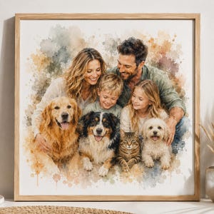 May include: A framed watercolour portrait of a family with two children, two dogs, and a cat. The artwork is set against a soft watercolour background and is enclosed in a light brown wooden frame.