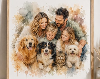 Custom Multi Pet Watercolour Portrait from Photo, Personalised Dog and Cat Family Artwork, Multiple Pets Portrait Gift