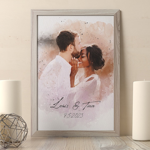 Portrait de couple aquarelle personnalisé - Impression de mariage unique pour un anniversaire ou un cadeau souvenir de mariage