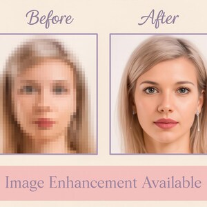 Puede incluir: Imagen que muestra una comparaci&oacute;n del antes y el despu&eacute;s del rostro de una mujer. La imagen del "Antes" est&aacute; pixelada, mientras que la imagen del "Despu&eacute;s" es clara y mejorada. El texto en la parte inferior dice "Image Enhancement Available."