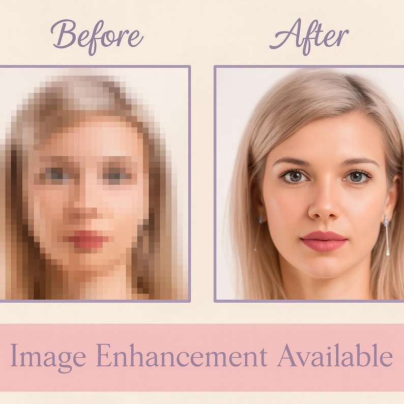 Puede incluir: Imagen que muestra una comparaci&oacute;n del antes y el despu&eacute;s del rostro de una mujer. La imagen del "Antes" est&aacute; pixelada, mientras que la imagen del "Despu&eacute;s" es clara y mejorada. El texto en la parte inferior dice "Image Enhancement Available."