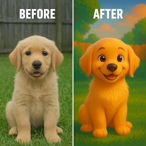 May include: A split image shows a before and after comparison of a golden retriever puppy. The "before" image shows a real puppy on grass. The "after" image is a cartoon version of the puppy, with a bright orange color, sitting on grass.