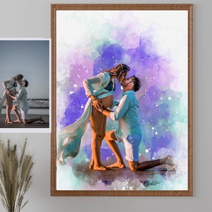 May include: A framed watercolor print depicts a couple kissing, with the man kneeling and the woman standing, embracing her pregnant belly. The background features a watercolor wash of purple, blue, and green hues. A smaller photo is in the upper left corner.